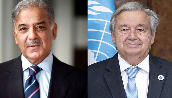 This collage shows Prime Minister Shehbaz Sharif (left) and United Nations Secretary-General Antonio Guterres. — Radio Pakistan/File