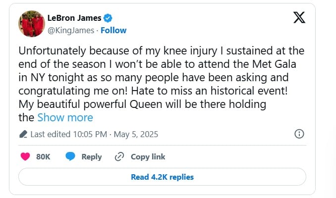 Honorary chair LeBron James steps back from 2025 Met Gala debut