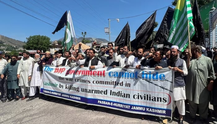 Supporters of the Pasban-E-Hurriyat Jammu Kashmir, protest against the Indian government, in Muzaffarabad, Azad Jammu and Kashmir on April 25, 2025. —Reuters