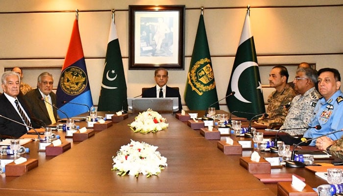 Prime Minister Shehbaz Sharif (centre) chairs a meeting at the Inter-Services Public Relations (ISPR) Headquarters on May 6, 2025. — Prime Minister Office