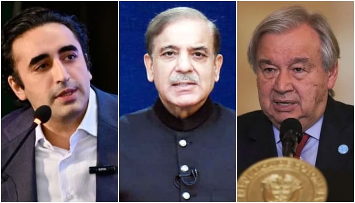 (From left to right) This collage shows PPP Chairman Bilawal Bhutto-Zardari, Prime Minister Shehbaz Sharif and UN Secretary General Antonio Guterres. —Reuters/Radio Pakistan/ — Facebook/@Bilawalhouse /File