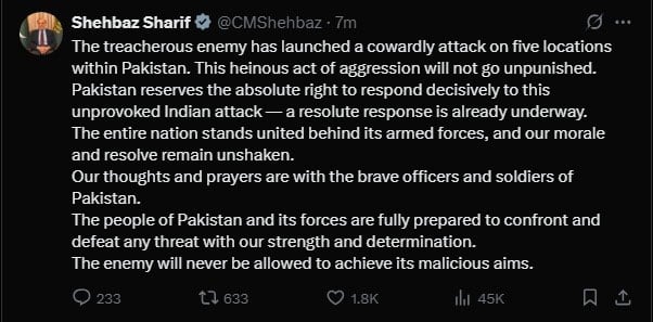 PM Shehbaz, others react to Indian strikes on Pakistan