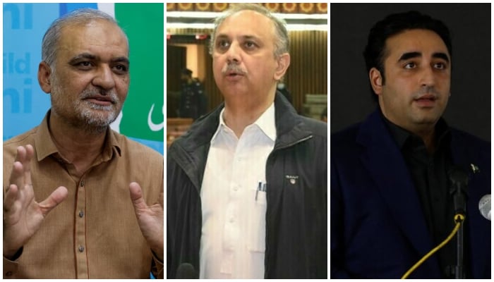(From left) JI Emir Hafiz Naeemur Rehman, PTI leader Omar Ayub, and PPP Chairman Bilawal Bhutto-Zardari can be seen in this combination of images. — Reuters/X/@NAofPakistan/File