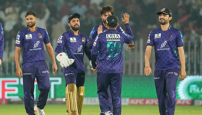 Quetta Gladiators players celebrate taking a wicket during their PSL 10 match against Islamabad United at the Rawalpindi Cricket Stadium on May 7, 2025. — PCB