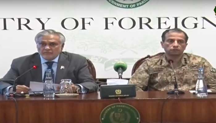 Foreign Minister Ishaq Dar (left) and DG ISPR Lt Gen Ahmed Sharif Chaudhry are addressing a joint presser in Islamabad on May 8, 2025. — Screengrab via Geo News