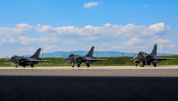 French-made Dassault Rafale are parked on the runway of Croatian air base located near Zagreb, on April 29, 2025. — AFP