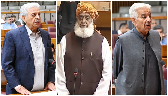(From left) MNAs Rana Tanveer Hussein, Maulan Fazlur Rehman and Khwaja Asif can be seen adressing an National Assembly session on May 9, 2025 in this combination of images. — X/@NAofPakistan