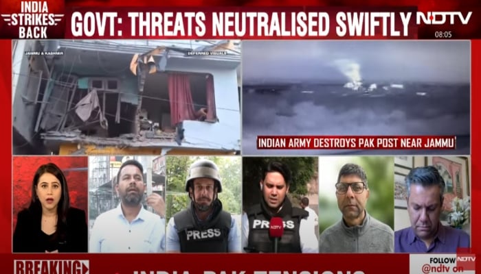 A panel of Indian journalists reporting the rising Indo-Pak tensions on a renowned Indian news channel on May 10, 2025 can be seen in this screengrab taken from a video. — Screengrab/YouTube/NDTV