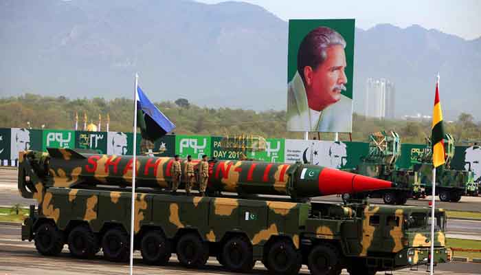 Ballistic missile (Shaheen-III) being displayed during the Pakistan Day parade in Islamabad on March 23, 2016. — Reuters
