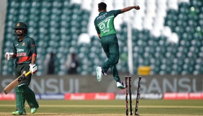 Haris Rauf made a mess of Towhid Hridoys stumps, Pakistan vs Bangladesh, Asia Cup, Super Fours, Lahore, September 6, 2023. — AFP