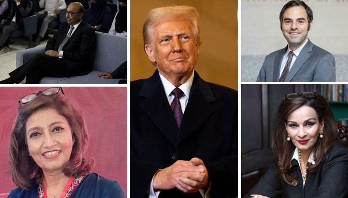 (Anti-clockwise from top right) Michael Kugelman, Donald Trump, Abdul Basit, Huma Baqai, and Sherry Rehman. —AFP/ Wilson Center website/Facebook/abasitpak1/Humabaqaiofficial/sherry.rehman