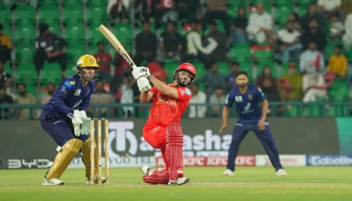 Mohammad Nawaz plays a shot during the Pakistan Super League (PSL) 10 matches between Islamabad United and Quetta Gladiators at the Gaddafi Stadium in Lahore on May 03, 2025. — PCB