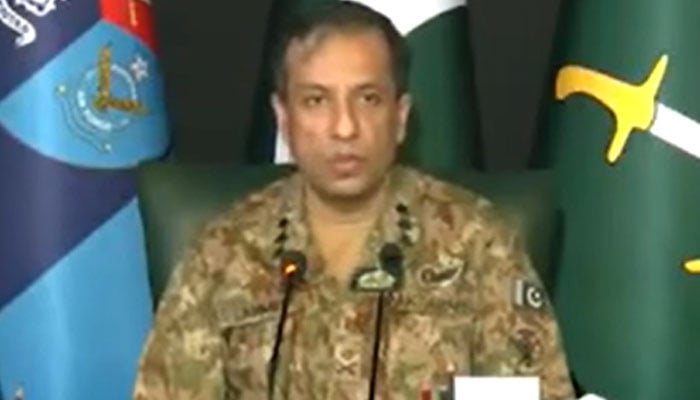 Inter-Services Public Relations Director-General (ISPR DG) Lt Gen Ahmed Sharif Chaudhry can be seen at a press briefing on May 11, 2025 in this screengrab taken from a video. — YouTube/GeoNews/Screengrab