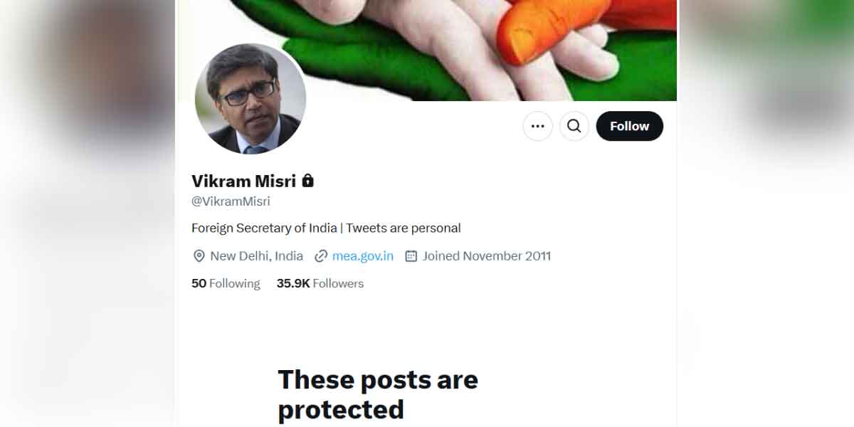 The image shows locked X account of Indias Foreign Secretary Vikram Misri.