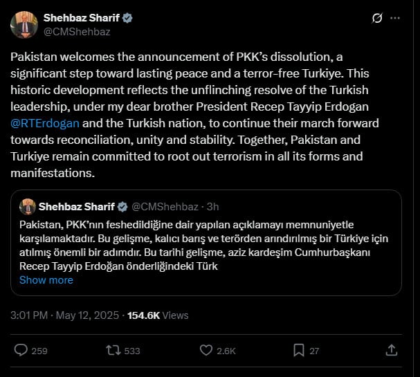 وزیر اعظم شہباز نے 'دہشت گردی سے پاک ترکئی' کے لئے پی کے کے کے تحلیل کرنے کا راستہ خیرمقدم کیا ہے 1 وزیر اعظم شہباز نے دہشت گردی سے پاک ترکی کے لئے پی کے کے تحلیل ہموار کرنے کا خیرمقدم کیا