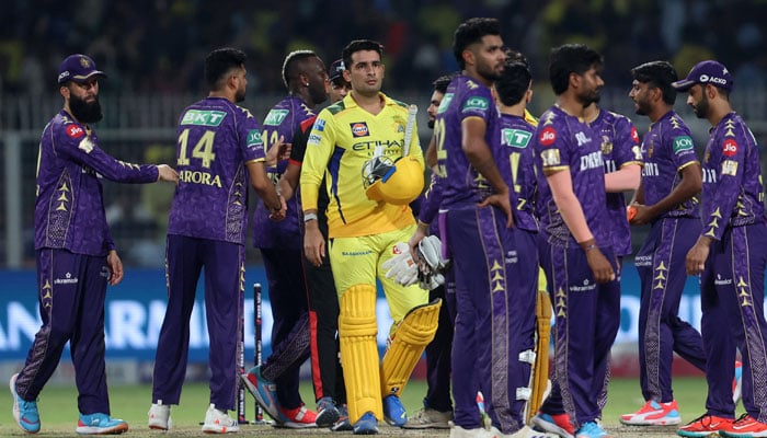 Chennai Super Kings Anshul Kamboj with Kolkata Knight Riders players as they shake hands after the match in Kolkata, India on May 7, 2025. — Reuters