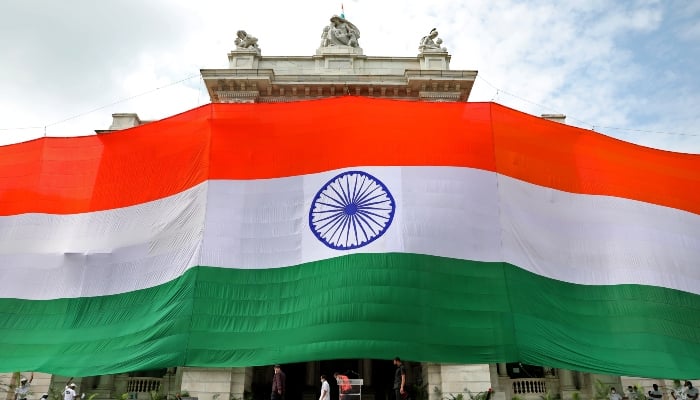 A giant Indian flag is installed on a part of the historic Victoria Memorial monument during Indias Independence Day celebrations in Kolkata, India, August 15, 2021. — Reuters
