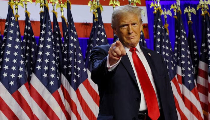 US President Donald Trump pictured while taking the stage to address supporters at his rally, at the Palm Beach County Convention Center in West Palm Beach, Florida, US, November 6, 2024. — Reuters