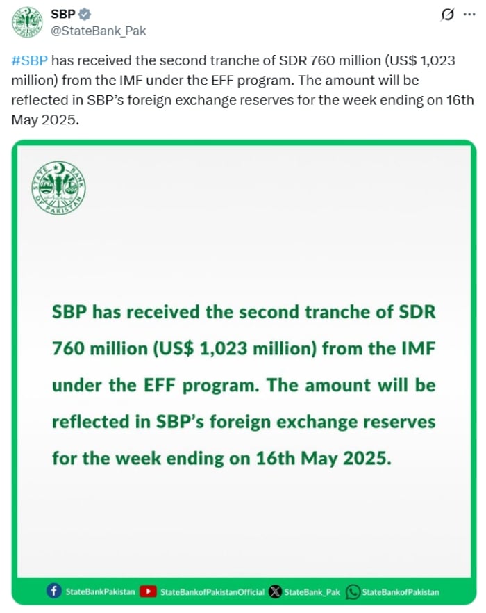 SBPs post on social media platform X on May 14, 2025. — X/@StateBank_Pak