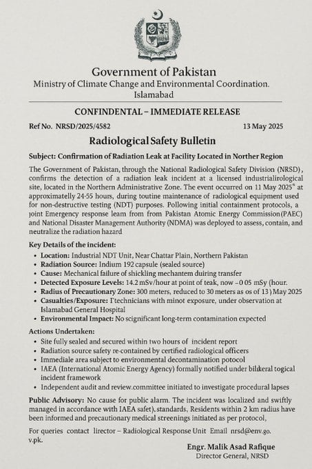 The alleged document issued by the government of Pakistan regarding a radiation leak.