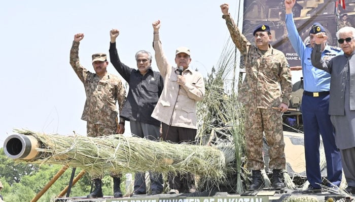 Prime Minister Shehbaz Sharif addresses soldiers deployed at the frontline areas in Pasrur Cantonment near Sialkot, Punjab, May 14, 2025. — ISPR