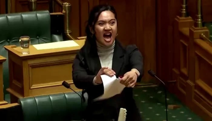Te Pāti Māori lawmaker Hana-Rawhiti Maipi-Clarke is seen protesting against the Indigenous bill in the New Zealand parliament. — Screengrab/Reuters