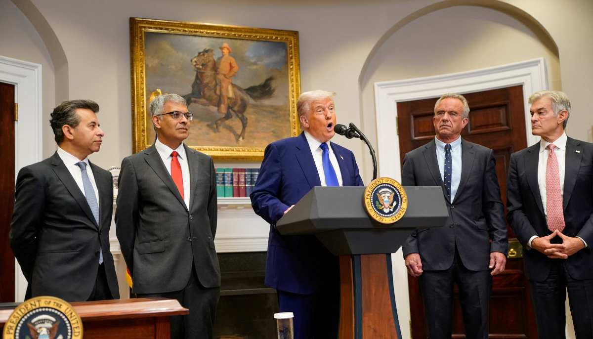 US President Donald Trump with his members of his administration attend a press conference in the Roosevelt Room at the White House in Washington, DC, US, May 12, 2025. — Reuters