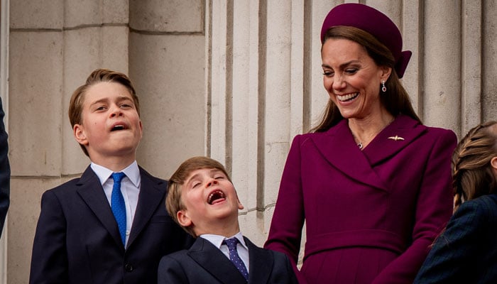 Prince George, Prince Louis, Kate Middleton marking the 80th anniversary of VE Day, and in honour of those who served during the Second World War, May 5, 2025. Aaron Chown/Pool via REUTERS