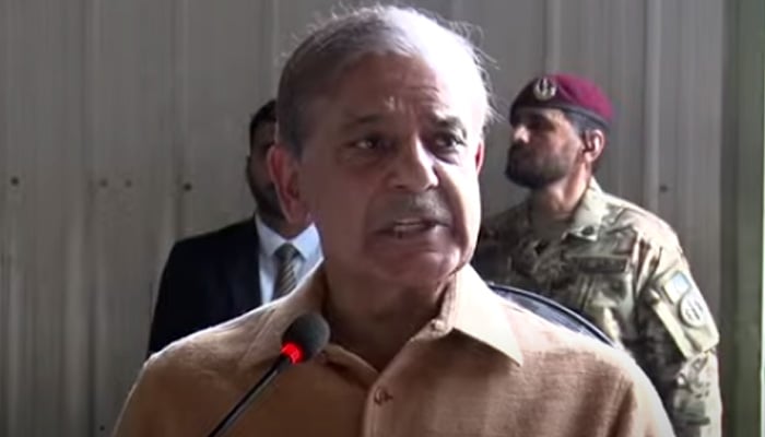PM Shehbaz Sharif addresses the PAF officers, pilots and techincal staff at PAFs operational base at Kamra on May 15, 2025. — Screengrab via Geo News