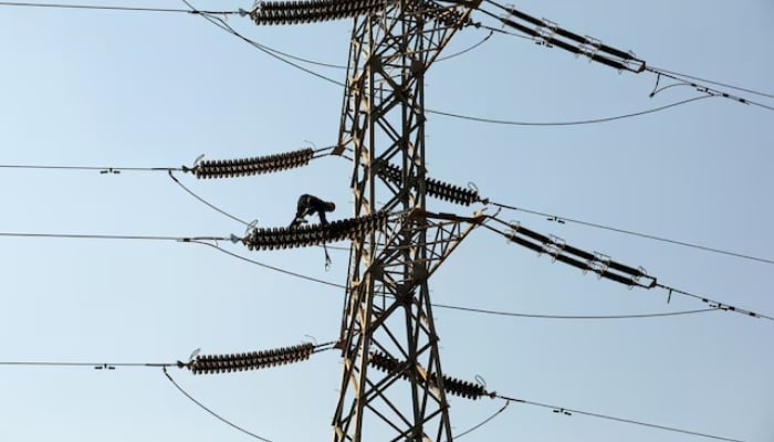 A technician works on porcelain insulators on power transmission tower in Karachi on December 7, 2018. —Reuters