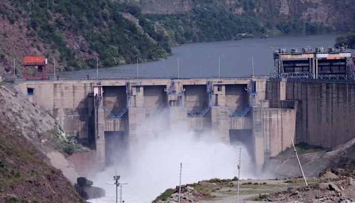 A view of the Uri-II hydroelectric project dam on the Jhelum River which flows from IIOJK into AJK, near Uri in IIOJKs Baramulla district, May 7, 2025. — Reuters