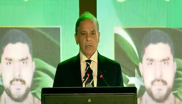 Prime Minister Shehbaz Sharif addresses ceremony related to Youm-e-Tashakur in Islamabad, May 16, 2025. — Screengrab via YouTube/Geo News