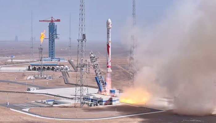 The Zhuque-2E Y2 carrier rocket, a methane-powered rocket developed by LandSpace Technology, takes off from the Jiuquan Satellite Launch Center to launch six satellites into orbit, in China, in this screenshot from a handout video released May 17, 2025. — Reuters