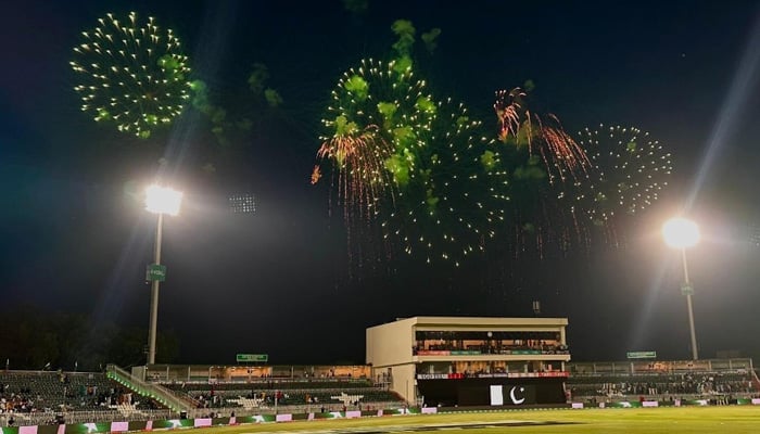 A view of fireworks at Rawalpindi Cricket Stadium after Pakistan Super League (PSL) 10 restarts on May 17, 2025. — INP