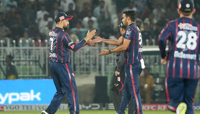Karachi Kings Abbas Africa celebrates its share during the PESHAWAR Zalmi match at the Rawalpindi Stadium in Rawalpindi on May 17, 2025. - PCB
