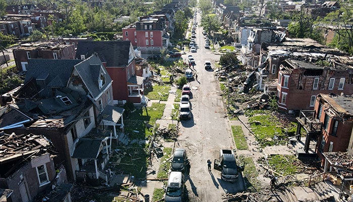 A drone view shows damaged houses after a tornado struck St. Louis, Missouri, US May 17, 2025. — Reuters
