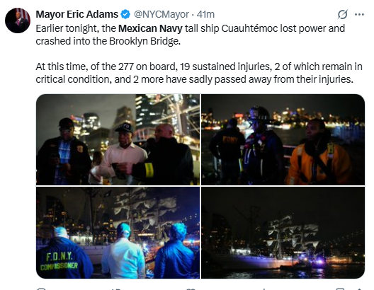 Mexican Navy training ship hits New York's Brooklyn Bridge 8 Mexican Navy training ship hits New Yorks Brooklyn Bridge