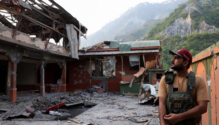 A Pakistan Army soldier stands at the premises of the Bilal Mosque, after it was hit by an Indian strike in Muzaffarabad, Azad Jammu and Kashmir, May 7, 2025. — Reuters