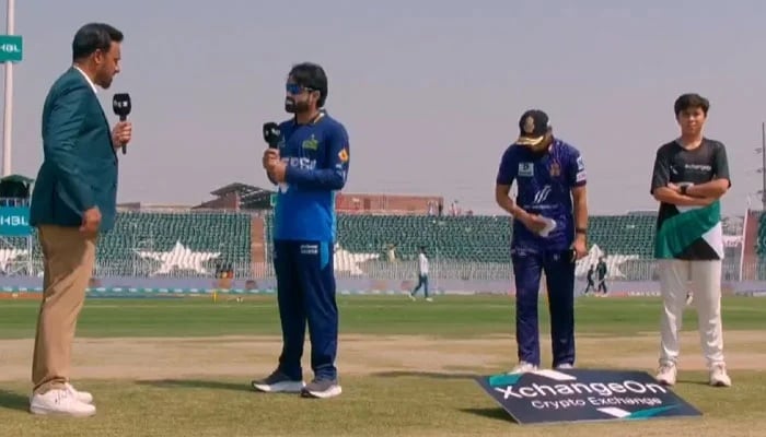 Multan Sultans captain Mohammad Rizwan (2nd left) and Quetta Gladiators captain Saud Shakeel (2nd right) during the toss ahead of the Pakistan Super League (PSL) match at the Rawalpindi Cricket Stadium on May 18, 2025. — Screengrab/Geo News