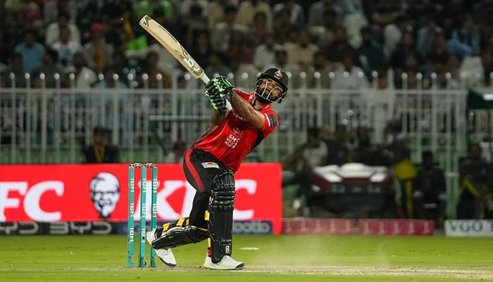 Lahore Qalandars Fakhar Zaman plays a shot during the PESHAWAR Zalmi match at the Rawalpindi Cricket Stadium on May 18, 2025. - Facebook/Thepsl