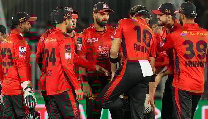 Lahore Qalandars players celebrate a wicket during the PSL match against Peshawar Zalmi at Rawalpindi Cricket Stadium on May 18, 2025. — Facebook/thePSL