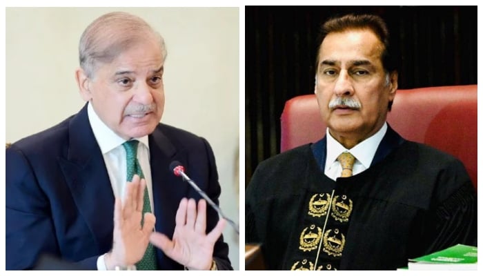 A collage of Prime Minister Shehbaz Sharif and National Assembly Speaker Sardar Ayaz Sadiqs pictures. — APP/X@NaofPakistan
