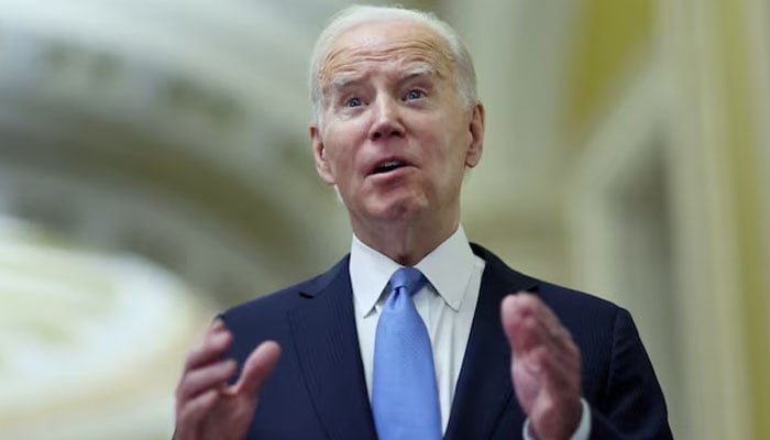 US President Joe Biden speaks to the news media after attending a closed Senate Democratic Caucus lunch at the US Capitol in Washington, DC, US, March 2, 2023 —  Reuters