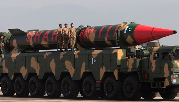 Shaheen-III missile, capable of carrying nuclear war heads, loaded on a trailer rolls down during a military parade. — Reuters/File