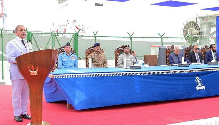 Prime Minister Shehbaz Sharif addresses naval officers and personnel at Pakistan Navy Dockyard, Karachi, May 19, 2025. — ISPR