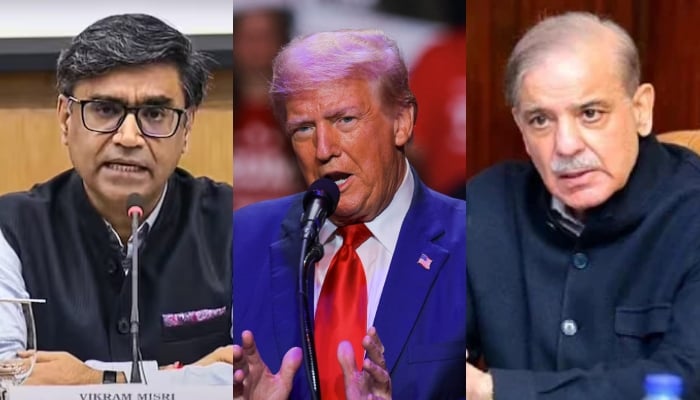 A collage of images of Indian Foreign Secretary Vikram Misri, US President Donald Trump and Prime Minister Shehbaz Sharif. — X/Reuters/APP