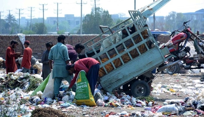 Gypsy youngsters searching and collecting items to receycle from a heap of garbage in Faisalabad on March 27, 2024. — APP