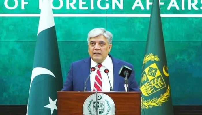 Foreign Office spokesperson Shafqat Ali Khan addressing the weekly briefing in Islamabad, on March 13, 2025. — Facebook/@foreignofficepk