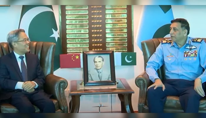 Chinese Ambassador to Pakistan Jiang Zaidong calls on Air Chief Marshal Zaheer Ahmed Baber Sidhu at Air Headquarters, Islamabad, on May 20, 2025. — ISPR