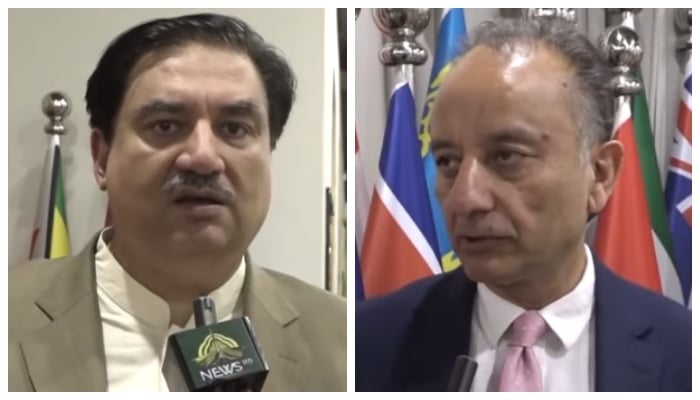 Climate Minister Musadik Malik (right) and former foreign minister Khurram Dastgir speak to a reporter in Islamabad, on May 21, 2025. — Geo News